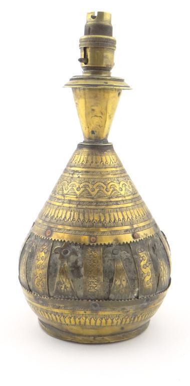 Persian/Middle Eastern? brass vase converted for electric lamp base use with chased decoration