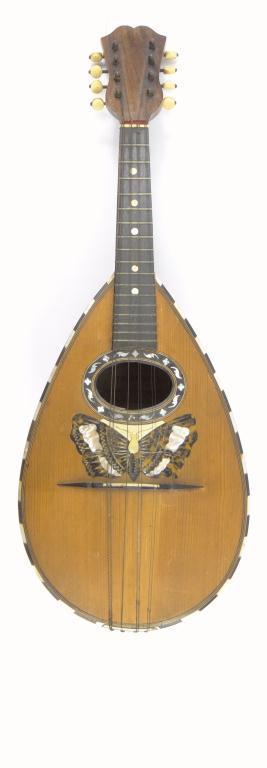 Neapolitan Stridente melon shaped mandolin with butterfly shaped fret board and inlaid decoration,