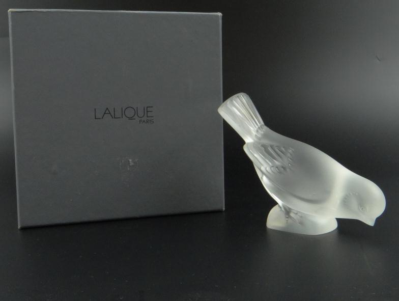 Boxed Lalique frosted glass bird, engraved factory mark and bearing label to the base, 13cm in