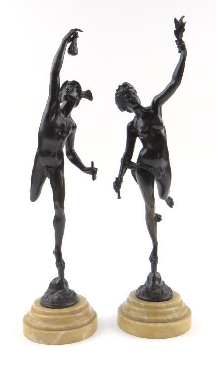 Pair of Continental patinated bronze figures of Mercury and Fortuna after the antique by