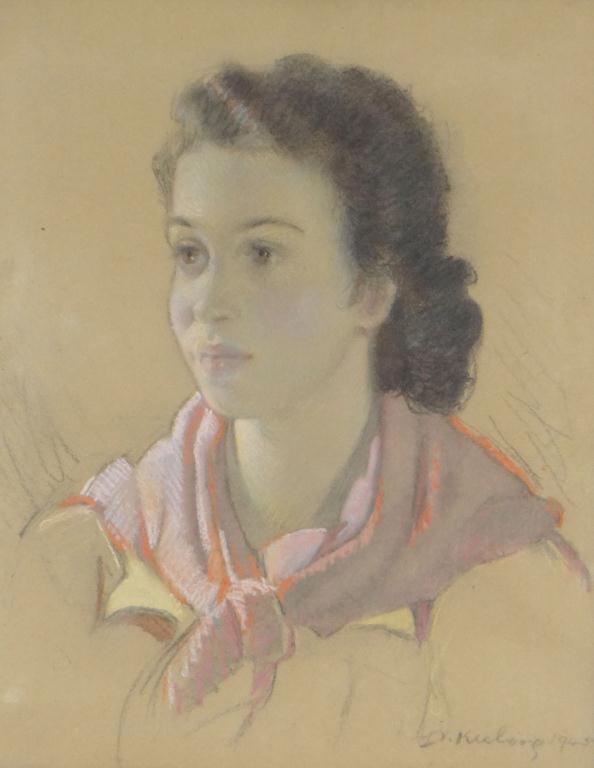 Charcoal and pastel portrait of a young woman wearing a red scarf, indistinctly signed, gilt framed,