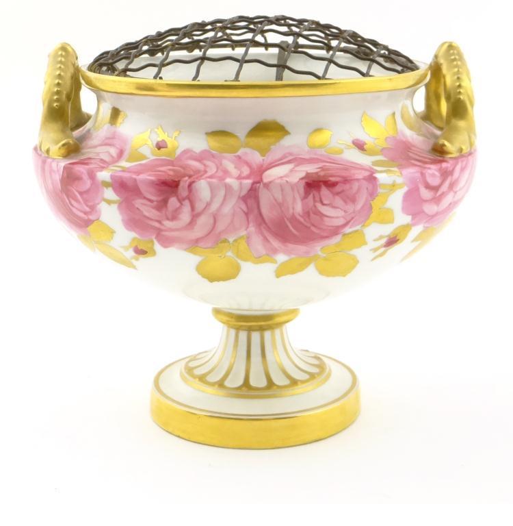 Cauldon two handled pedestal rose bowl hand painted and gilded with roses, with metal rose liner,