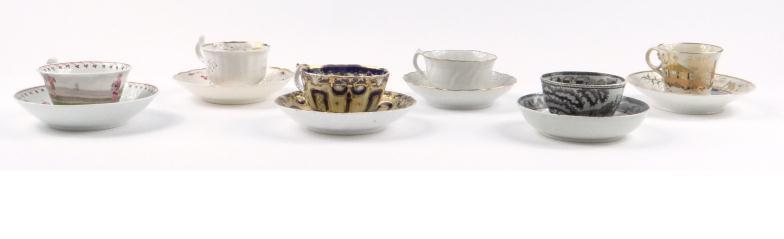 Six 19th century English china cups and saucers including a Chamberlains Worcester example, black