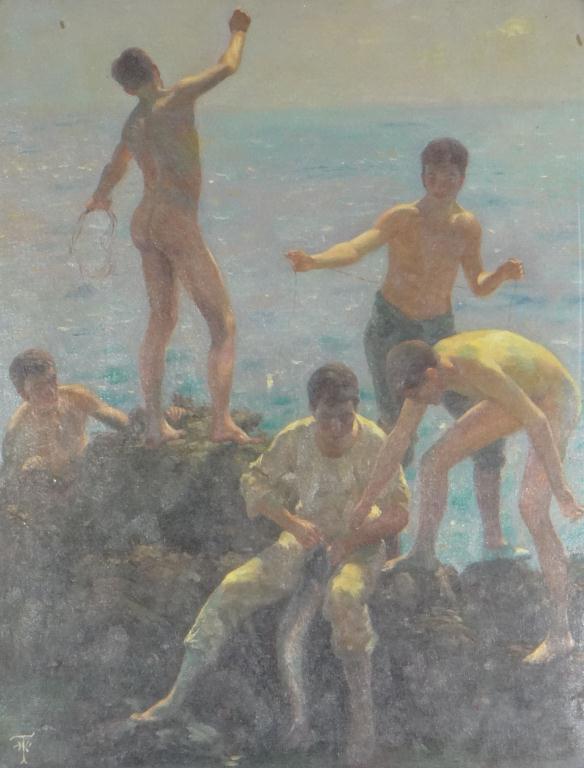 Modern decorative oil onto board view of young boys playing amongst rock pools, bearing a