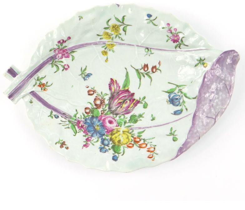 19th Century leaf shaped china plate relief moulded in enamel with flowers, 35cm in length : For