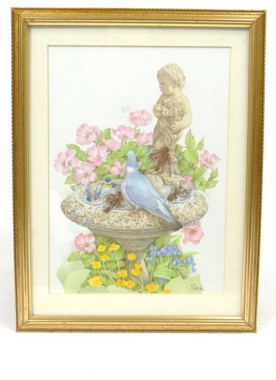 Watercolour of a garden fountain and birds : For Condition Reports Please visit www.