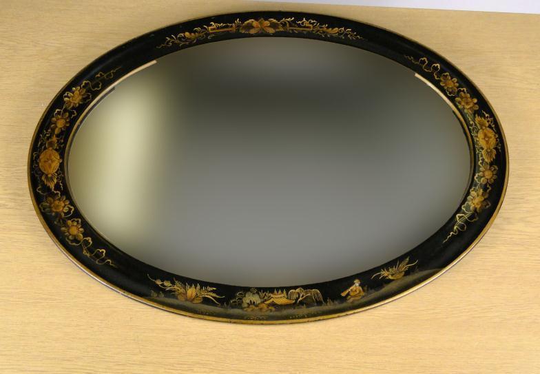 Oval oriental black lacquered framed bevel edged mirror : For Condition Reports Please visit www.