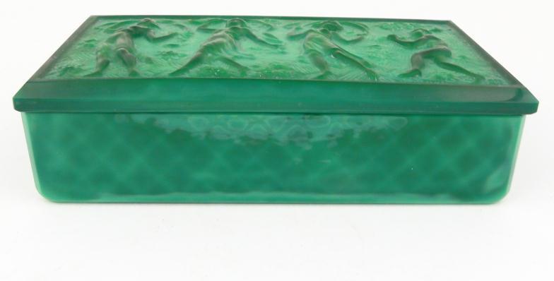 Green malachite style box and cover, the lid decorated with figures : For Condition Reports Please