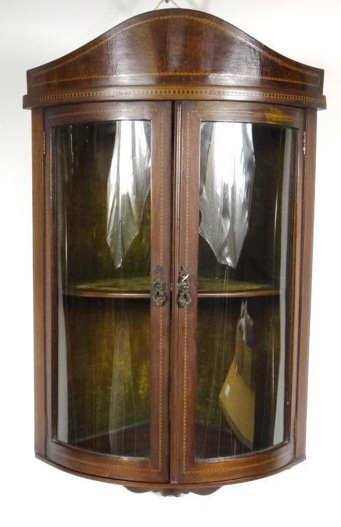 Edwardian inlaid mahogany hanging corner cupboard with glazed doors : For Condition Reports Please