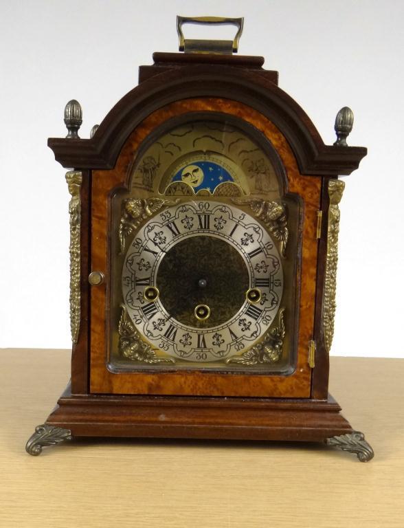 Wooden cased bracket clock with moon face dial : For Condition Reports Please visit www.