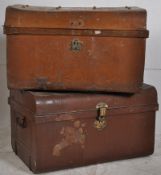 2 vintage 20th century metal steamer trunks, both with hinged lids / ideal tack trunks