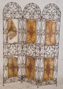 Antique cast iron and pig skin Indial rococo revival dressing screen having stretcher skin inserts