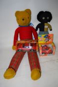 A vintage Rupert The Bear stuffed toy along with a golly teaddy bear, vintage starsky and hutch