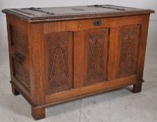 A Victorian Arts & Crafts Pugin / eclesiastical solid oak coffer / blanket box. Carved with