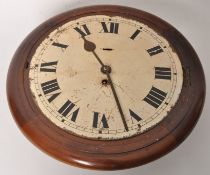 A 1930's mahogany station clock having inset brass movement with a later face having subsiduary