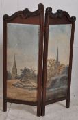 A Victorian twin folding mahogany screen having inset oil on panel paintings of English scenes being
