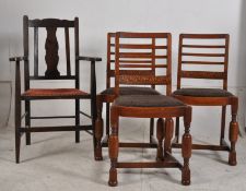 3 1930's Art Deco oak dining chairs having drop in seats and decorative railed back rests.