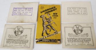 Four WW2 blood transfusion thank you cards Together with an Unarmed Combat pamphlet for the Home