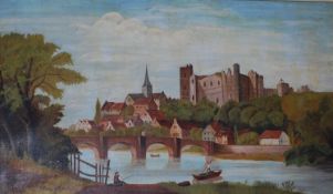 A 20th century oil on canvas painting of a river and castle scene set within a good oak frame