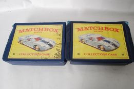 Two vintage Matchbox Series diecast collectors cases, each filled with diecast model cars.