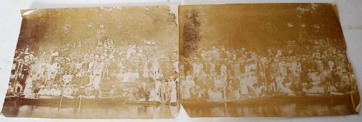 Two early 20th century photographs of a river scene, showing a large group of people in period dress