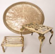 A good 20th century brass footman stool together with a brass Victorian trivet stand and also a