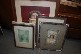 A collection of assorted pictures and prints to include framed and glazed portraits, oil on board of