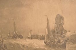 A 19th century framed and glazed lithograph print of sailing boats in rough waters, possibly