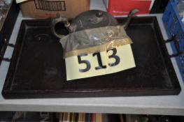 An antique Pewter teapot and a butlers serving tray