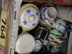 A box of china to also include a clock, moneybox etc