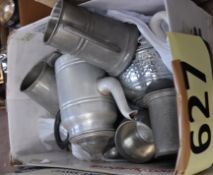 A collection of pewter and metal tankards and teapots and other items.