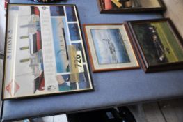 A framed and glazed print of the titanic together with 2 framed photographs of planes