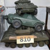 5 original 1970's plastic Action Man toy tanks - including one with moving turret and others.