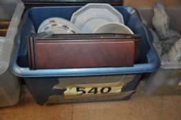 A box to include decorative clock, lattice cabinet plates and other china wares