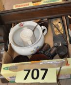 Vintage cameras, wooden box, chamber pot, barometer, opera glasses, wooden plinths etc