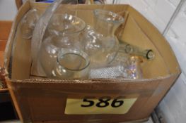 A box to contain glass, large footed dish, vases decanter stoppers, jug.