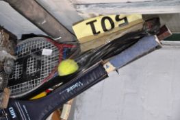 A collection of tennis racquets to include vintage and modern.