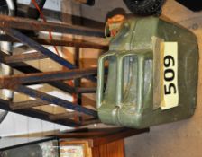 A vintage military green Jerry petrol can, along with 2 axle stands.