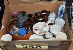A box to include lustre ware, commerative wares, wooden bowl. toby jugs, figurines, glass