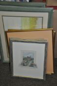 Five Alan Carr watercolours including two landscapes showing windmill and Oast house, cranes in