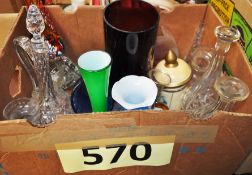 A box of mixed glass, 3 decanters, vases etc.