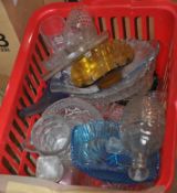 3 boxes of glasswares to include decanters, coloured glass, etc
