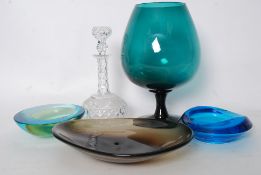 A large teal brandy glass vase 32cm tall, along with three glass bowls to include Murano and a cut