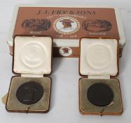 J S Fry 250 anniversary tin together with two bronze presentation medals medallions.
