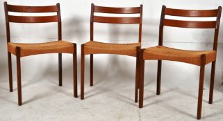 A set of 3 Danish teak and rattan dining chairs in the manner of Grete Jalk. Standing on tapering