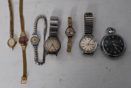A collection of vintage watches to include Timex (2), Accurist, Smiths pocket watch. Also 4 ladies