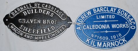 Two vintage style metal railway train carriage makers wall plaques, one with notation for Craven