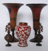 A pair of Indian brass vases, with painted decoration, along with a cloisonne Chinese oriental vase