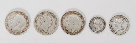 COINS: Maundy Money. 1881 one pence, 1868 two pence, 1835 three pence, 1919 three pence, 1918 three
