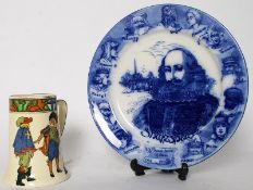 A Royal Doulton tankard with makers mark to base along with a Royal Doulton Shakespeare plate. Both